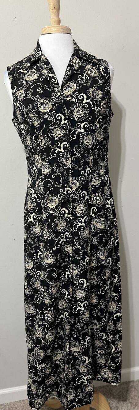 Vtg 90s Black Floral Maxi Dress Sleeveless Button Up Cottage Grunge Romantic M
